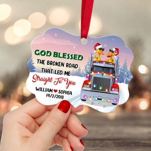 Personalized JP Christmas Ornaments God Blessed The Broken Road Gifts For Couple Trucker Duck Couple Wearing Sunglasses CTM Custom - Printyourwear