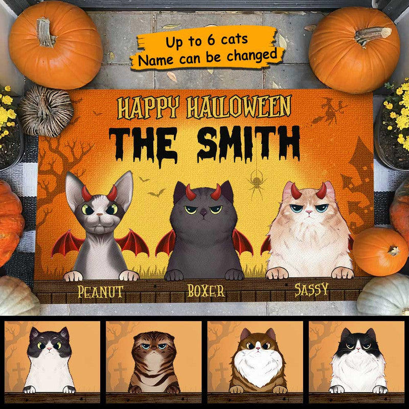 Personalized Halloween Doormat Cats Happy Halloween CTM Custom - Printyourwear