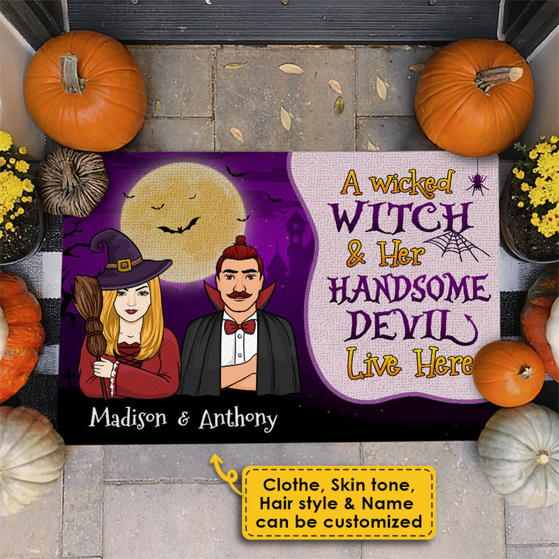 Personalized Halloween Doormat A Wicked Witch and Her Handsome Devil Live Here Gift For Couples CTM Custom - Printyourwear