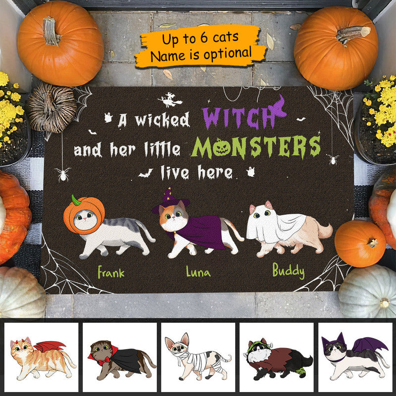 Personalized Halloween Doormat A Wicked Witch and Her Little Monsters Live Here Halloween Cats CTM Custom - Printyourwear