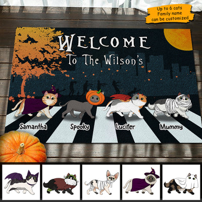 Personalized Halloween Doormat Welcome To The Cat Family Crosswalk Halloween Cats CTM Custom - Printyourwear