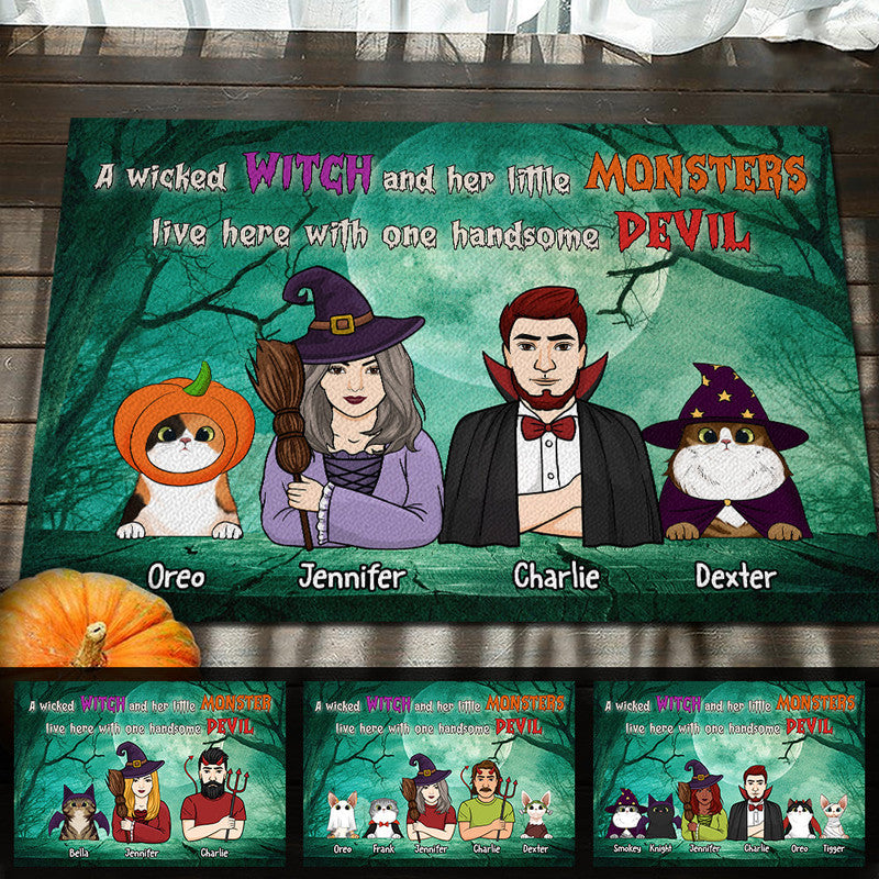 Personalized Halloween Doormat A Wicked Witch and Her Little Monsters Live Here With One Handsome Devil CTM Custom - Printyourwear