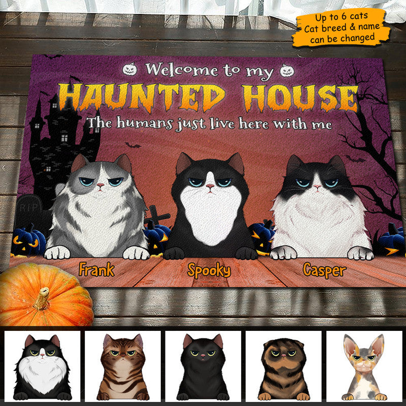 Personalized Halloween Doormat Welcome To Our Haunted House Halloween Cats CTM Custom - Printyourwear