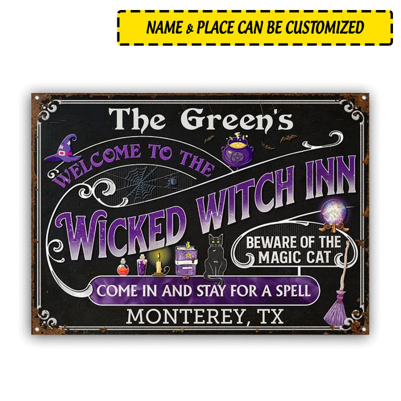 Halloween Personalized Metal Signs Witch Inn Black Cat Stay For A Spell Black CTM One Size 24x18 inch (60.96x45.72 cm) Custom - Printyourwear