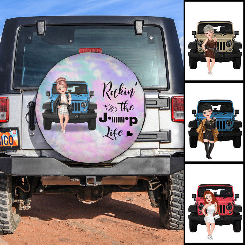 Custom Jeep Tire Cover With Camera Hole, Rockin The Jeep Life Tie Dye Jeep Girl Spare Tire Cover CTM Custom - Printyourwear
