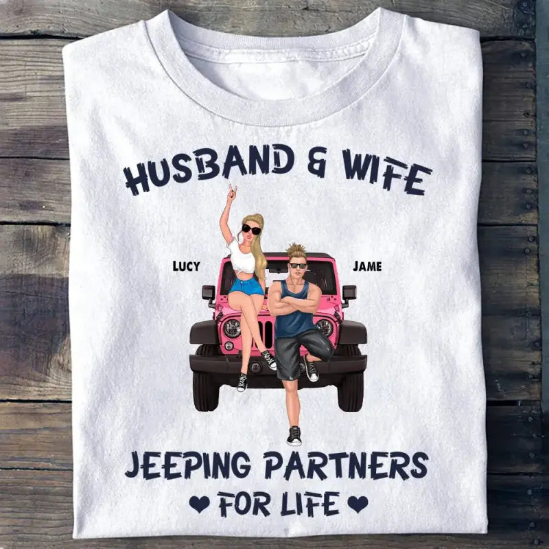 Personalized Jeep Couple T Shirt Husband and Wife Jeeping Partners For Life CTM Custom - Printyourwear