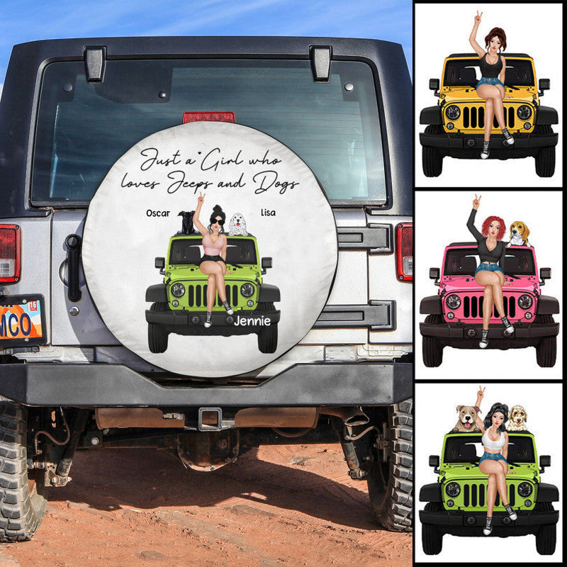 Custom Jeep Tire Cover With Camera Hole, Just A Girl Who Loves Her Jeep And Her Dogs Spare Tire Cover CTM Custom - Printyourwear