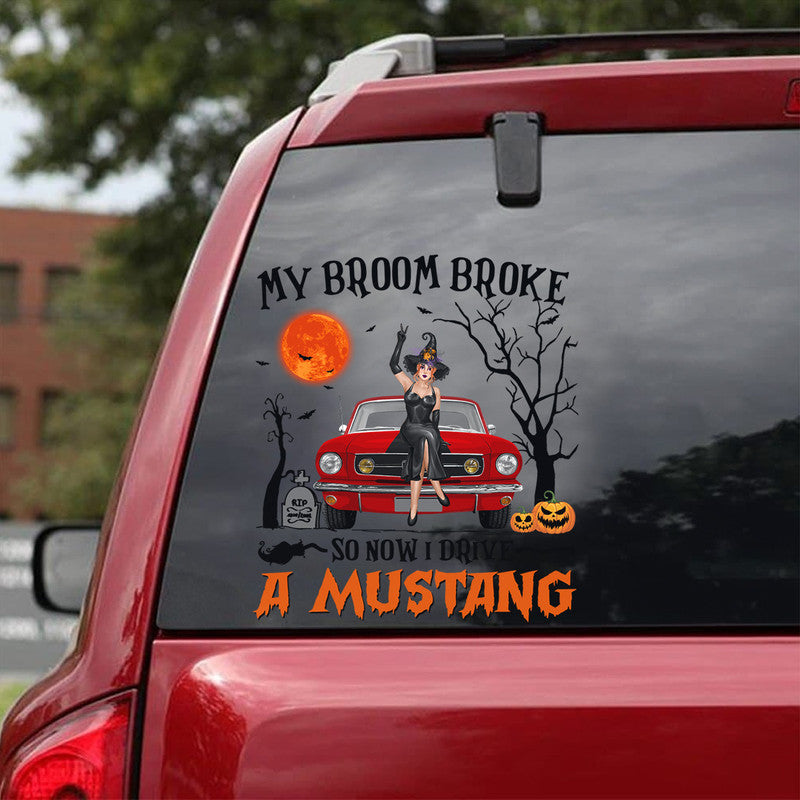 Personalized Jeep Girl Decal Halloween Witch Wizard My Broom Broke So Now I Drive A Mustang CTM 13x13cm Custom - Printyourwear