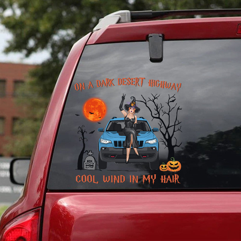 Personalized Jeep Girl Decal Halloween Witch Wizard On A Dark Desert Highway Cool Wind In My Hair CTM 13x13cm Custom - Printyourwear