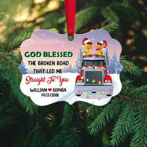 Personalized JP Christmas Ornaments God Blessed The Broken Road Gifts For Couple Trucker Duck Couple Wearing Sunglasses CTM Ornament Custom - Printyourwear