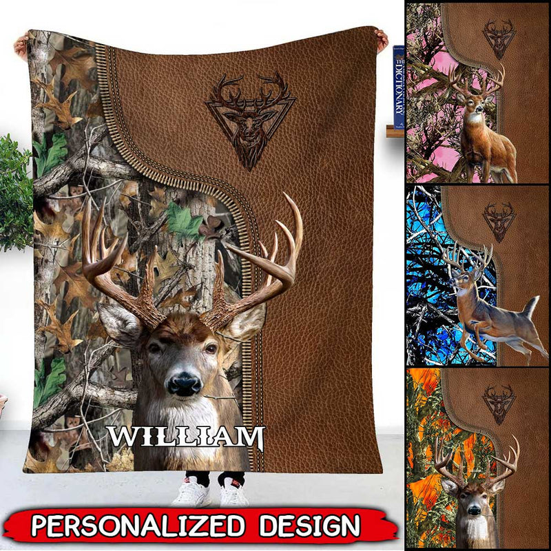 Personalized Deer Hunting Blanket Leather Pattern Camo CTM Custom - Printyourwear
