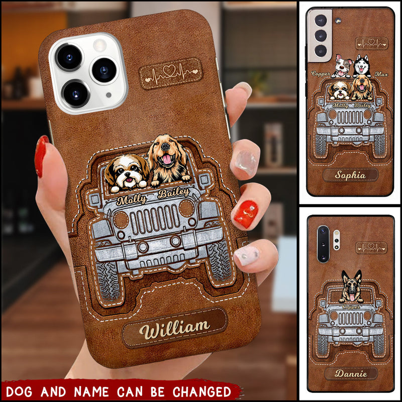 Personalized Jeep Dogs Leather Pattern Phone Case Gift For Dog Lovers NO.3 CTM One Size Custom - Printyourwear