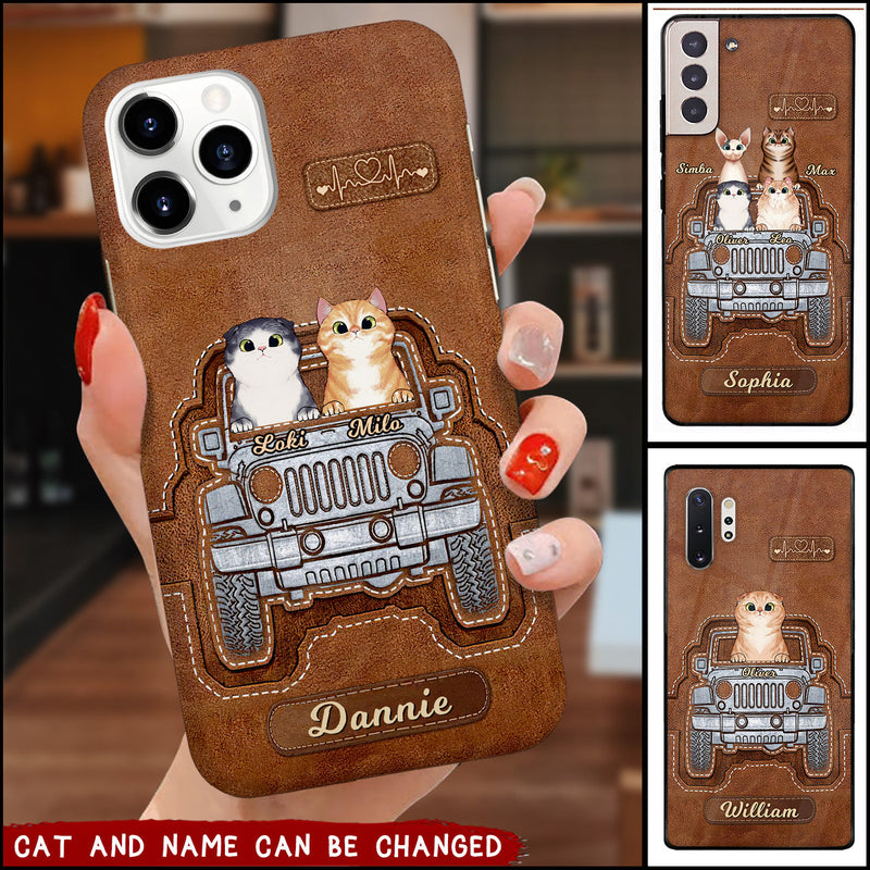 Personalized Jeep Puppy Pet Cat Lovers Leather Pattern Phone Case Gift For Cat Mom, Cat Dad CTM One Size Custom - Printyourwear