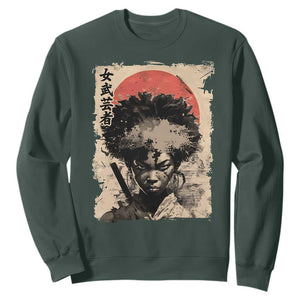African American Female Samurai Warrior Sweatshirt Japanese Art Black Onna Bugeisha TS11 Dark Forest Green Print Your Wear