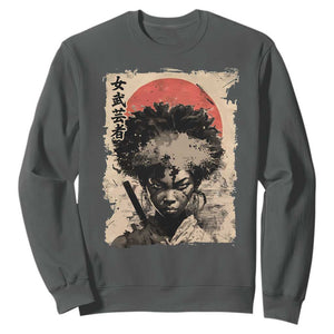 African American Female Samurai Warrior Sweatshirt Japanese Art Black Onna Bugeisha TS11 Dark Heather Print Your Wear