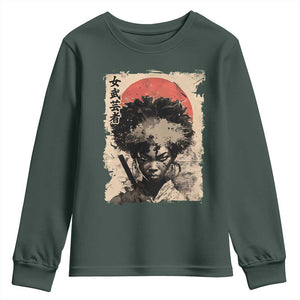 African American Female Samurai Warrior Youth Sweatshirt Japanese Art Black Onna Bugeisha TS11 Dark Forest Green Print Your Wear