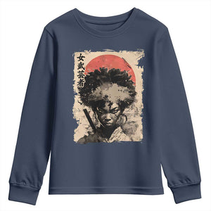 African American Female Samurai Warrior Youth Sweatshirt Japanese Art Black Onna Bugeisha TS11 Navy Print Your Wear
