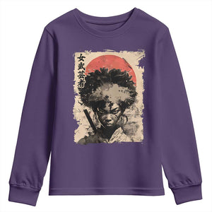 African American Female Samurai Warrior Youth Sweatshirt Japanese Art Black Onna Bugeisha TS11 Purple Print Your Wear