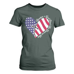America God Shed His Grace on Thee 4th of July T Shirt For Women Patriotic American Flag Cross TS10 Dark Forest Green Print Your Wear