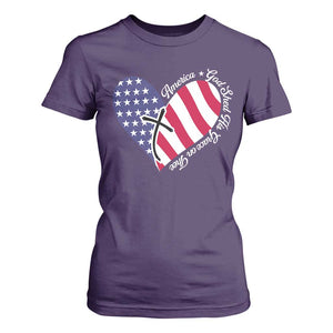America God Shed His Grace on Thee 4th of July T Shirt For Women Patriotic American Flag Cross TS10 Purple Print Your Wear