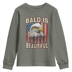 American Flag Bald Eagle Youth Sweatshirt Bald Is Beautiful Retro 4th of July Independence Day TS10 Military Green Print Your Wear