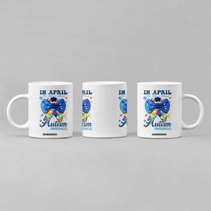 Autism Awareness Coffee Mug In April We Wear Blue Puzzle Ribbon Coquette Bow TS02 Print Your Wear