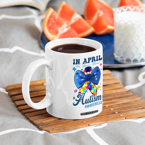 Autism Awareness Coffee Mug In April We Wear Blue Puzzle Ribbon Coquette Bow TS02 Print Your Wear