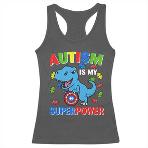 Autism Awareness Is My Superpower Racerback Tank Top Cute Dinosaur Dino Kids Boys TS10 Dark Heather Print Your Wear