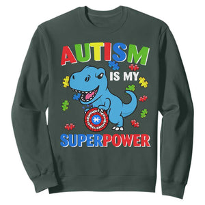 Autism Awareness Is My Superpower Sweatshirt Cute Dinosaur Dino Kids Boys TS10 Dark Forest Green Print Your Wear