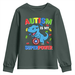 Autism Awareness Is My Superpower Youth Sweatshirt Cute Dinosaur Dino Kids Boys TS10 Dark Forest Green Print Your Wear