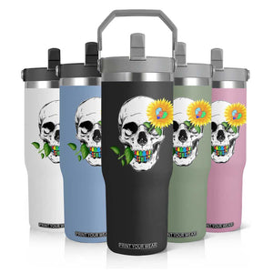 Autism Skull Sunflower Flip Straw Tumbler Support Autistic Puzzle Pieces Heart TS02 Print Your Wear