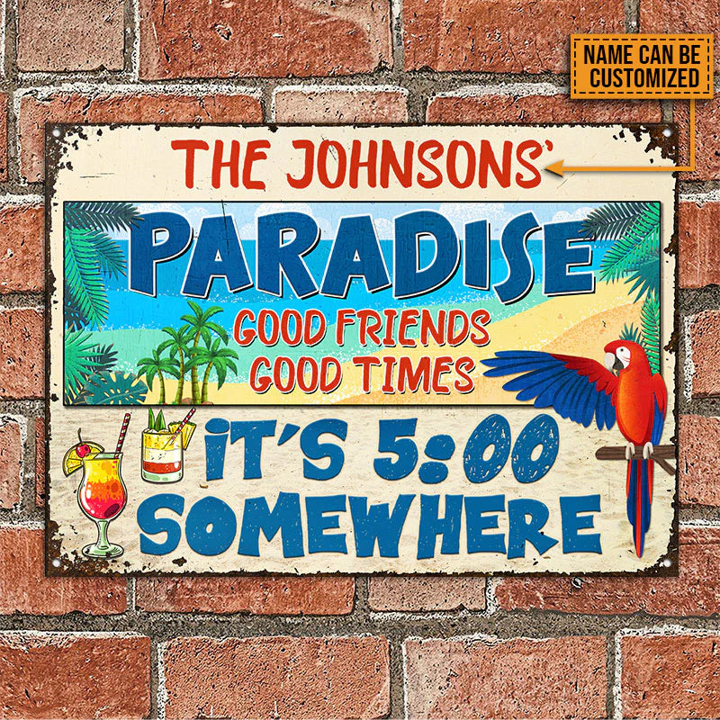Personalized Metal Sign Beach Parrot Paradise Its 5 OClock Somewhere, Beach House, Outdoor Bar Decor CTM One Size 24x18 inch (60.96x45.72 cm) Custom - Printyourwear
