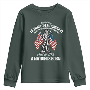 Battle of Lexington and Concord Youth Sweatshirt American Revolution April 19 1775 Patriotic TS02 Dark Forest Green Print Your Wear