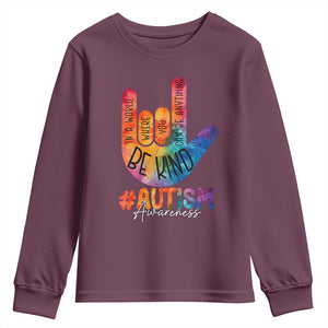 Be Kind ASL Autism Awareness Youth Sweatshirt Love Sign Language Hand Tie Dye TS10 Maroon Print Your Wear