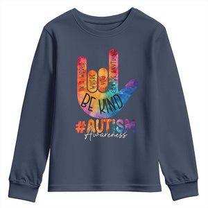 Be Kind ASL Autism Awareness Youth Sweatshirt Love Sign Language Hand Tie Dye TS10 Navy Print Your Wear