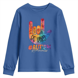 Be Kind ASL Autism Awareness Youth Sweatshirt Love Sign Language Hand Tie Dye TS10 Royal Blue Print Your Wear