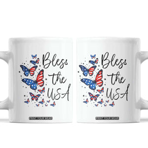 Bless The USA 4th of July Coffee Mug Patriotic American Flag Butterfly Independence Day TS11 White Print Your Wear