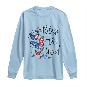 Bless The USA 4th of July Long Sleeve Shirt Patriotic American Flag Butterfly Independence Day TS11 Light Blue Print Your Wear