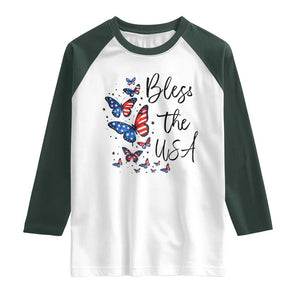 Bless The USA 4th of July Raglan Shirt Patriotic American Flag Butterfly Independence Day TS11 White Dark Forest Green Print Your Wear