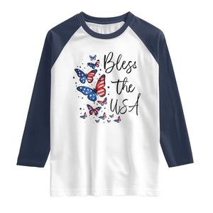 Bless The USA 4th of July Raglan Shirt Patriotic American Flag Butterfly Independence Day TS11 White Navy Print Your Wear