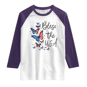 Bless The USA 4th of July Raglan Shirt Patriotic American Flag Butterfly Independence Day TS11 White Purple Print Your Wear