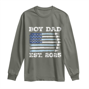 Boy Dad Est 2025 Long Sleeve Shirt Daddy Of Newborn Baby Boy First Fathers Day USA Flag Fighter Jets TS10 Military Green Print Your Wear