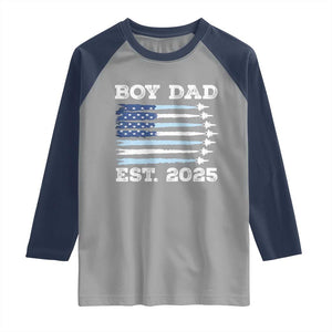 Boy Dad Est 2025 Raglan Shirt Daddy Of Newborn Baby Boy First Fathers Day USA Flag Fighter Jets TS10 Sport Gray Navy Print Your Wear