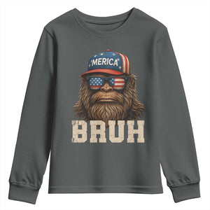 Bruh Bigfoot Merica Youth Sweatshirt American Flag Patriotic 4th Of July TS10 Dark Heather Print Your Wear