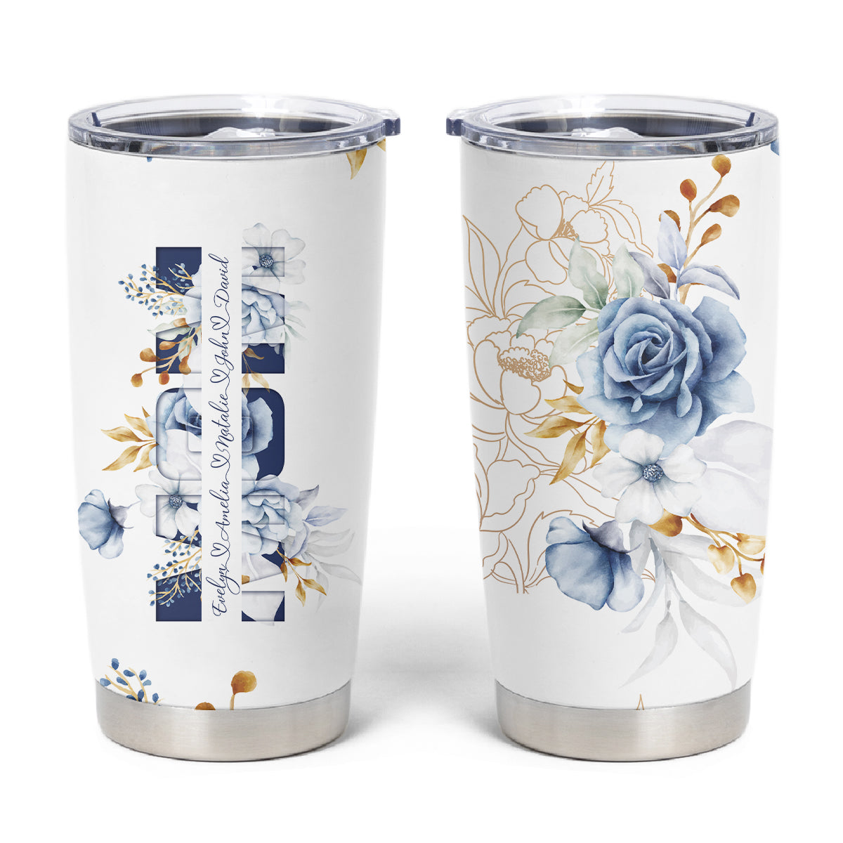 Personalized Tumbler Cup with Name Text, Custom Tumblers Mother's Day Gift Blue Floral Mom's Kids CTM02 White Printyourwear