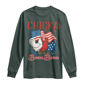 Chicka Boom Boom Patriotic Chicken Long Sleeve Shirt Funny Patriotic 4th of July Red White and Blue Farm TS02 Dark Forest Green Print Your Wear