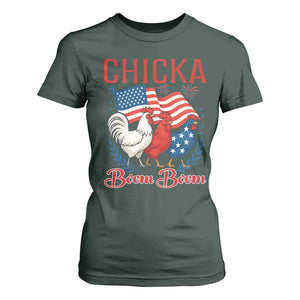 Chicka Boom Boom Patriotic Chicken T Shirt For Women Funny Patriotic 4th of July Red White and Blue Farm TS02 Dark Forest Green Print Your Wear
