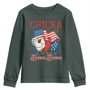 Chicka Boom Boom Patriotic Chicken Youth Sweatshirt Funny Patriotic 4th of July Red White and Blue Farm TS02 Dark Forest Green Print Your Wear