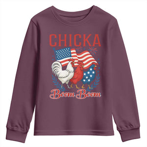 Chicka Boom Boom Patriotic Chicken Youth Sweatshirt Funny Patriotic 4th of July Red White and Blue Farm TS02 Maroon Print Your Wear