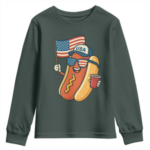 Cool Patriotic Hot Dog Youth Sweatshirt Funny 4th of July Cookout 4th of July American Flag TS02 Dark Forest Green Print Your Wear